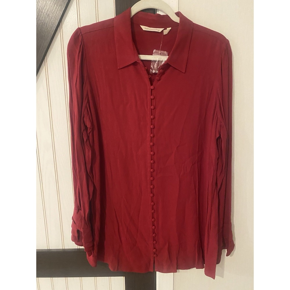 Soft Surroundings Poet Blouse Large Red Button Collar Long Bell Sleeve Tunic NEW